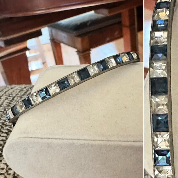 Vintage Sterling Silver Art Deco Blue Clear Paste Stones Hinged Bangle Bracelet - Picture 1 of 4